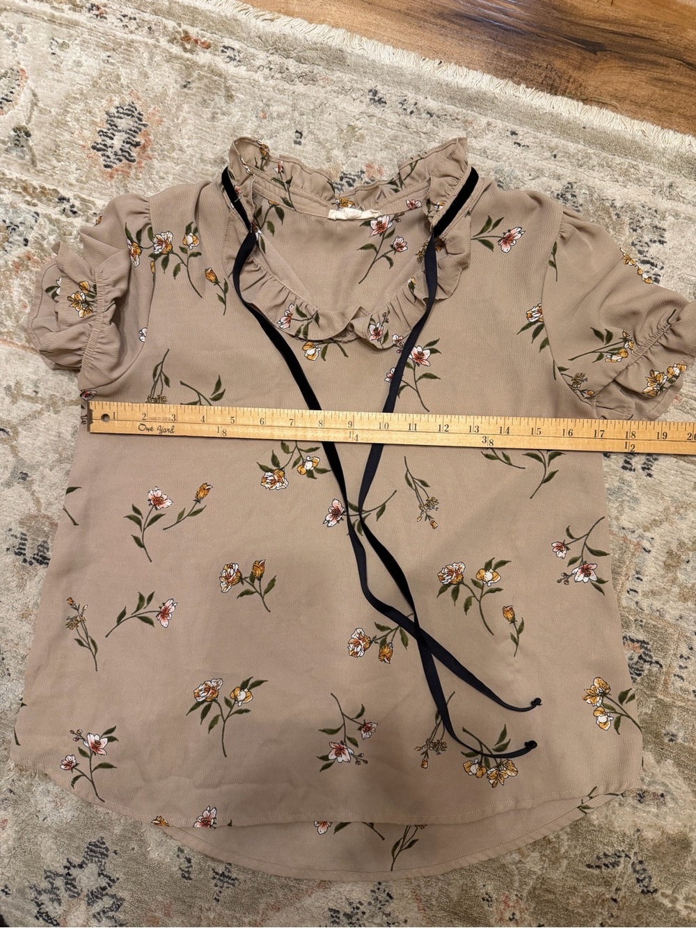 Women's Beige Floral Ruffle Tie-Neck Top - Picture 7 of 8